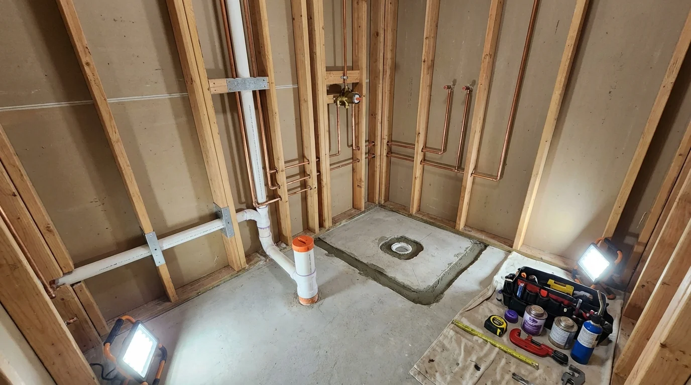 Bathroom rough-in plumbing during remodel by Johns Plumbing LLC in Stockton Springs