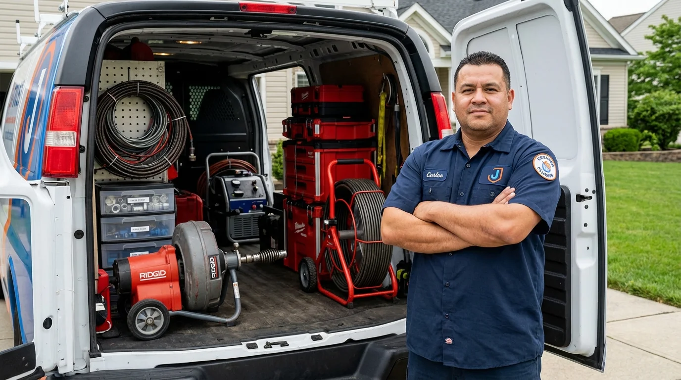 Professional drain cleaning equipment and Johns Plumbing LLC plumber in Stockton Springs
