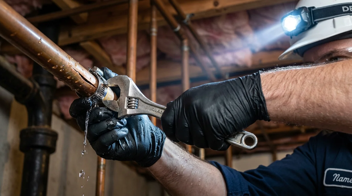 Emergency pipe clamp repair being performed by a Johns Plumbing LLC plumber in Stockton Springs