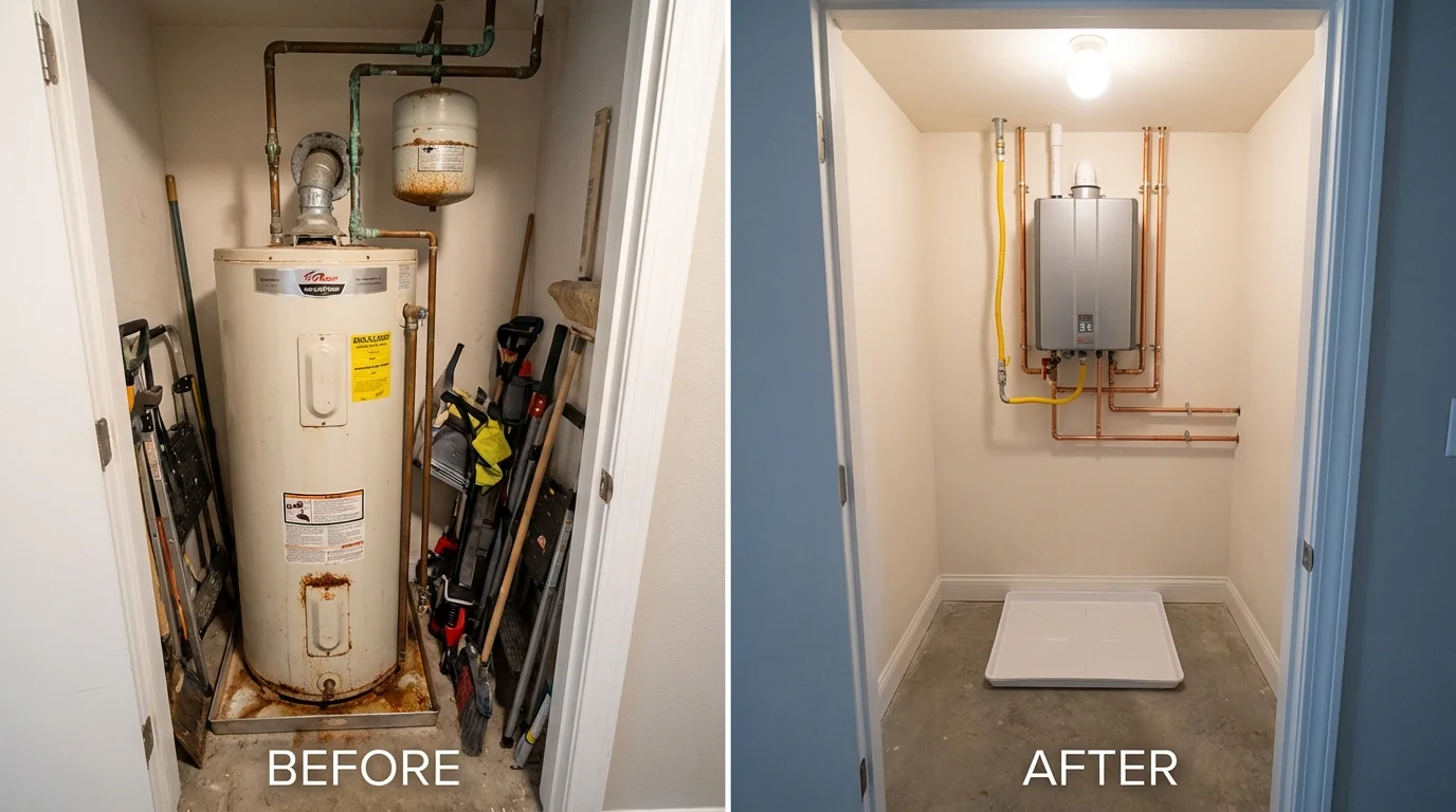 Tank water heater versus wall-mounted tankless unit comparison for Stockton Springs, ME homeowners