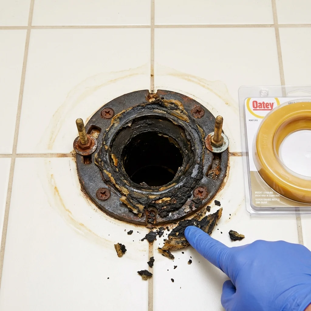 Failed wax ring showing water seepage at the base of a toilet in a Stockton Springs, ME home