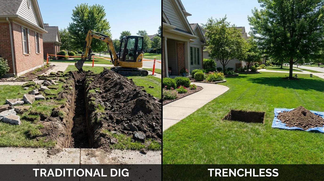 Trenchless sewer repair with minimal yard damage versus traditional excavation in Stockton Springs, ME