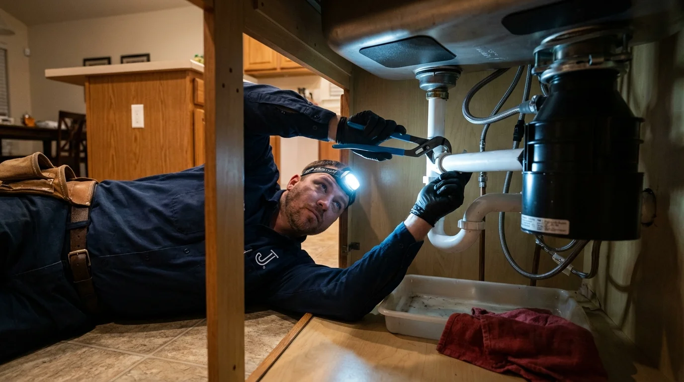 P-trap and supply line connections under a kitchen sink showing a common leak point in Stockton Springs, ME